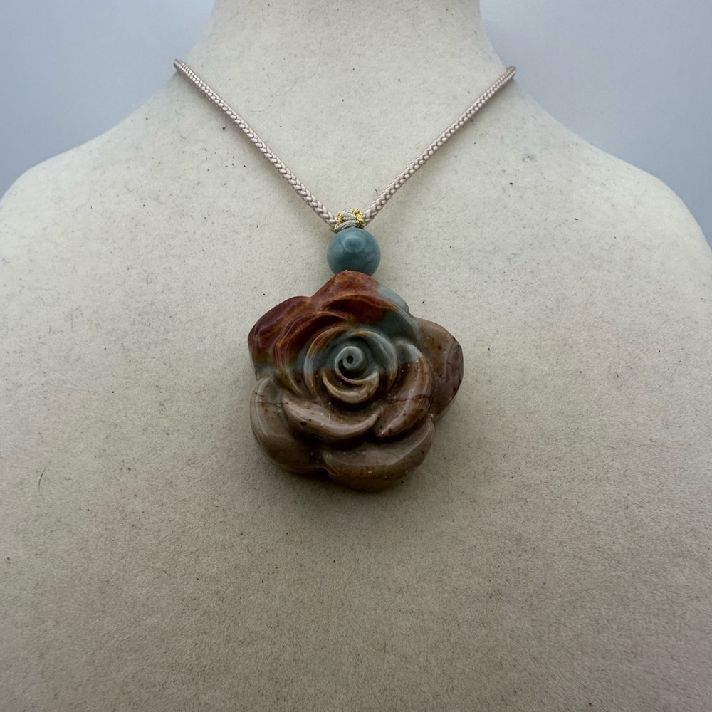 Polychrome Rose Pendant Necklace with Jade Bead on Beige Adjustable Rope - Picture 7 of 8